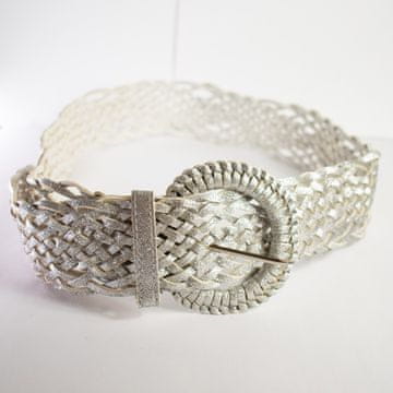 Nikcorp Ženski pleteni pojas na hlače s flitri 115 cm srebrn, širok 5 cm, elastinski z zaponko, party disco glamour boho-luxe, za večerne kombinezone in kavbojke