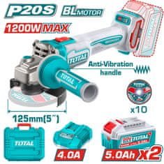 Total One-Stop Tools Akumulatorski kotni brusilnik125mm/ 1200W / 9000rpm/P20S INDUSTRIAL (SET Baterija 2x5Ah, Polnilec, Kovček) (TAGLI2120272E)