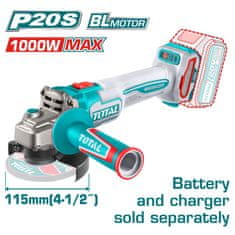 Total One-Stop Tools Akumulatorski kotni brusilnik, 115mm/ 1000W/9000rpm/P20S/ INDUSTRIAL (Brez baterije) (TAGLI27153E)