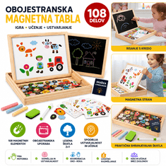 Kruzzel Obojestransko magnetna tabla za otroke, 108 magnetnih elementov, kreda in marker