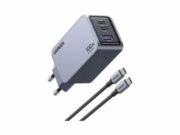 Ugreen Ugreen Nexode Pro EU 3-portni GaN PD hitri polnilnik s kablom USB-C, črn/siv