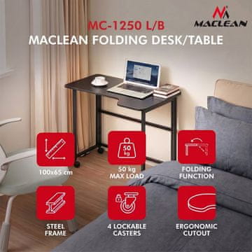 Maclean Maclean MC-1250 L/B kotni pisalni mizi, črna, 100x65 cm, zložljiva