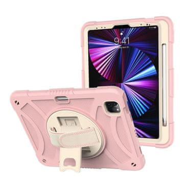 Nikcorp zaščitni ovitek Ovitale za iPad Air 4/5 10.9 11" vrtljivo stojalo 360° roza, trislojna PC TPU zaščita, ročaj, držalo za pisalo