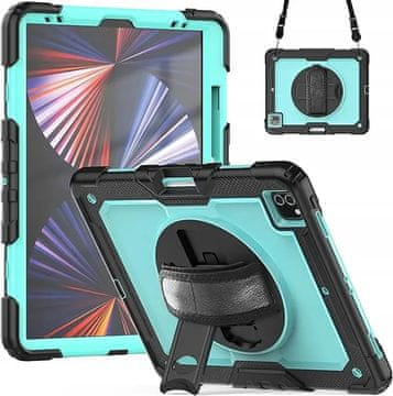 Nikcorp Ovitek za iPad Pro 12,9 (2020/2021) ovijalka robustna zaščita PC TPU s stojalom 360° ročajem in naramnım pasom turkizen