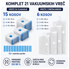 Ruhhy komplet 21 vakuumskih vreč za oblačila – 15 vreč za shranjevanje + 6 vreč z obešalnikom, 7 velikosti, do 80 % prihranka prostora