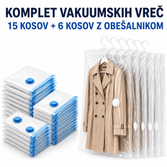 Ruhhy komplet 21 vakuumskih vreč za oblačila – 15 vreč za shranjevanje + 6 vreč z obešalnikom, 7 velikosti, do 80 % prihranka prostora