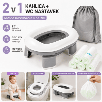 Kruzzel Prenosna otroška kahlica 2v1 + WC nastavek, zložljiva potovalna kahlica, 100 vrečk