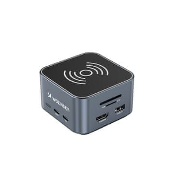 WOZINSKY 12-v-1 hub z brezžičnim polnilnikom USB-A, USB-C, HDMI, RJ45, SD, TF in mini jack – siv