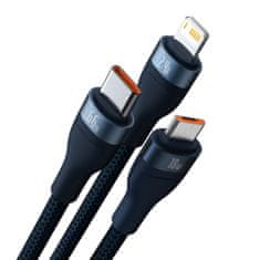 BASEUS 3-v-1 kabel za hitro polnjenje USB-A na USB-C, microUSB, Lightning, 66 W, 480 Mb/s, 1,2 m, modri