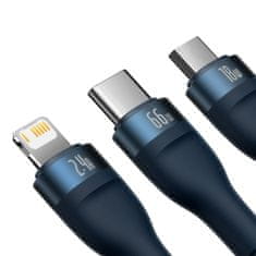 BASEUS 3-v-1 kabel za hitro polnjenje USB-A na USB-C, microUSB, Lightning, 66 W, 480 Mb/s, 1,2 m, modri