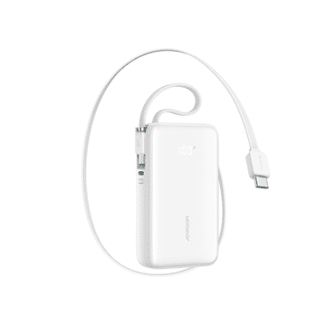 Joyroom Powerbank JR-PR2 10000 mAh 35 W z zvijalnim kablom USB-C in kablom iPhone Lightning – bel