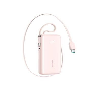 Joyroom Powerbank 10000 mAh, 35 W, z navijalnim kablom USB-C in kablom-vrvico Lightning – roza