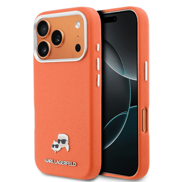 Karl Lagerfeld MagSafe ovitek PU Karl and Choupette Heads Pins za iPhone 17 Pro / iPhone 18 Pro, oranžen - KLHMP17L6PFKCLO