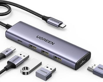 Ugreen 5-v-1 USB-C hub, 100 W PD, 4K@30Hz HDMI, srebrn (15596)