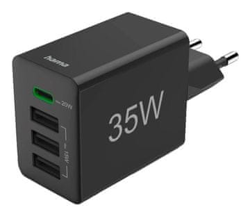 Hama Power Delivery USB-C USB-A 35W črni stenski polnilnik