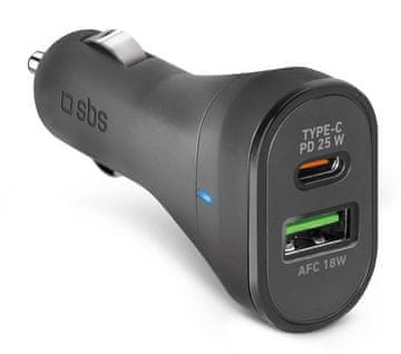 SBS USB-A USB-C PD avtomobilski polnilnik 25W črne barve TECRPD25W