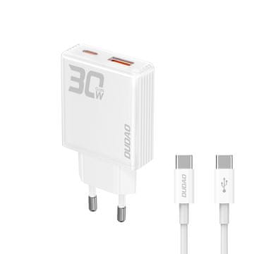 DUDAO GaN 30 W omrežni polnilnik USB-A – USB-C s kablom USB-C – bel