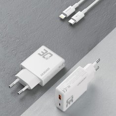 DUDAO STENSKI POLNILEC GAN 30W USB-A USB-C Z USB-C LIGHTNING KABLOM BEL
