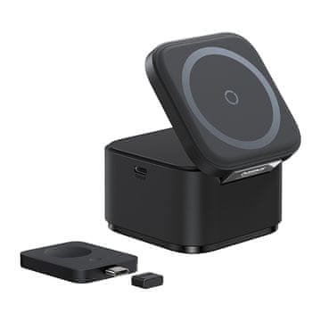 BASEUS Indukcijski polnilnik 3 v 1 za mobilni telefon in pametno uro MagSafe 25 W – črn