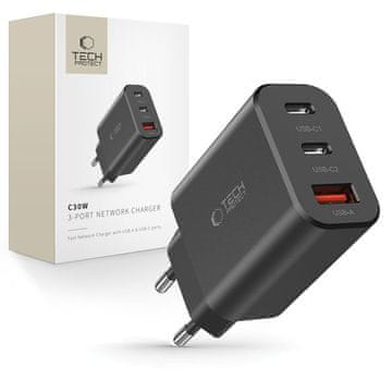 Tech-protect NC30W 2x USB-C USB-A 30W stenski polnilnik - črn