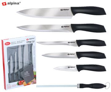 Alpina komplet nožev + rezalna deska + brusilec, 8 kosov, črn/srebrn