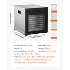 VEVOR Sušilnik hrane 10 pladnjev 340x405x365 mm iz nerjavečega jekla