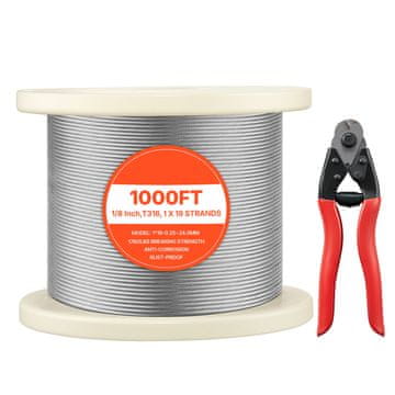 VEVOR Jekleni vrv 1x19 pramenov 3.2 mm x 304.8 m srebrna