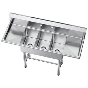 VEVOR Pomivalno korito z 3 predelki 254x356x254 mm iz nerjavečega jekla, komercialno