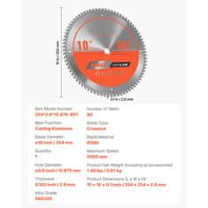 VEVOR Krožna žaga rezilo 254x2.6x15.875 mm 80 zob aluminijasto rezanje srebrno