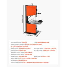 VEVOR Namizna trakasta žaga z dvema hitrostma, širina rezanja 254 mm, miza 335x340 mm, obdelava lesa