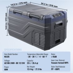 VEVOR Avtomobilski hladilnik 25 L, prenosni zamrzovalnik z dvema conama, nastavljiv, 61.8x37.6x37.2 cm