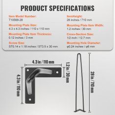 VEVOR Noge za pohištvo Hairpin 71.1 cm kovina črna