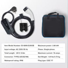 VEVOR Prenosni polnilec EV Tip 2 16A 3.7 kW 8.6 m polnilni kabel črn