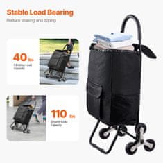 VEVOR Nakupovalni voziček za stopnice 36L 34x20x53 cm Črn