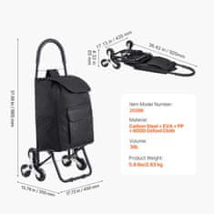 VEVOR Nakupovalni voziček za stopnice 36L 34x20x53 cm Črn