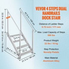 VEVOR Lestve za dok 4 stopnice, dvojni ročaji, 80x185x175 cm, nastavljiva višina