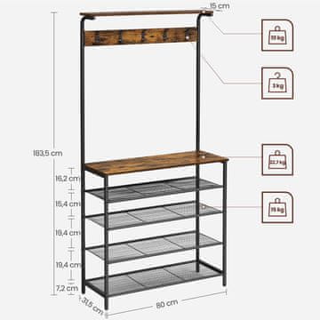 Songmics Stojalo za plašče z regalom za čevlje 80x31.5x183.5 cm rjavo
