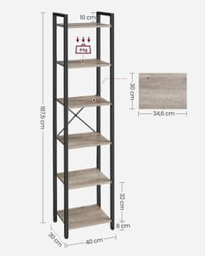 Songmics Knižna polica 6 polic 40x30x178.6 cm rjava