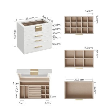 Songmics Škatla za nakit 15.3x25.1x21.5 cm bela