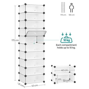 Songmics Omara za čevlje 10 polic 43x173x31 cm bela