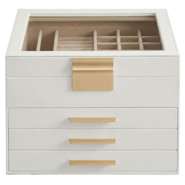Songmics Škatla za nakit 3 nivoji, steklen pokrov, 2 predala, 20.3x23.1x16.5 cm, bela