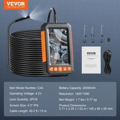 VEVOR Endoskopska kamera z dvojno lečo, boreskop, kabel 1499.6 cm, zaslon 10.9 cm