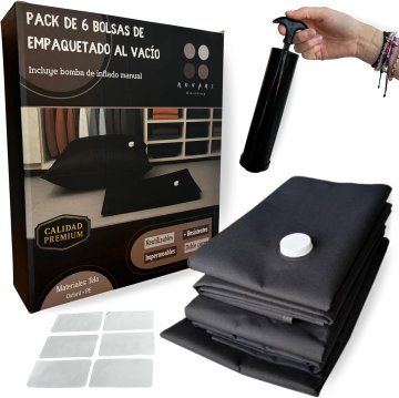 Vakuumske vrečke za shranjevanje Tekstilni Organizator, komplet 6 kosov (2x S, 2x M, 2x L), črne, s tlačilko in etiketami, prihranite do 80% prostora, zaščita pred vlago in prahom, vzdržljiv