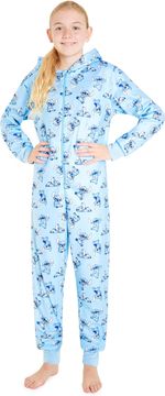 Disney Kigurumi pižama Stitch Onesie za otroke in mladostnike, mehka in topla iz 100% flisa, modra, velikost 13-14 let, s praktično zadrgo in patentnimi robovi, idealno darilo