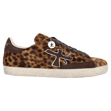 Premiata Ženski Superge Steven 8480 Premium, Usnjene Superge z Vzorcem Leoparda, Rjava/Črna, Velikost 38, Visokokakovostno Konjsko Usnje, Podloga iz Naravnega Usnja, Gumijast Podplat z Grafiko