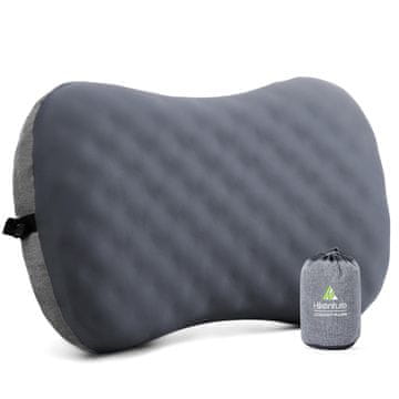Napihljiva turistična blazina Turistična, ergonomska, udobna, kompaktna, siva, 200 g, zložene mere 10x15 cm, TPU, pena, enogumbni ventil, snemljiva prevleka, torbica, elastičen trak