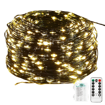 LED girlanda 100 LED, 10m, vodoodporna IP65, bakrena žica, 8 načinov, daljinski upravljalnik, časovnik, nastavljiva svetlost, napajanje na baterije 3xAA, okrasna svetlobna veriga za notranjo in