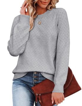 Ženski pleten pulover z dolgimi rokavi, okrogel izrez, mehak, topel, eleganten, casual, oprijet, siv, velikost S, visokokakovostno elastično pletivo, brezčasen dizajn z ažurnimi detajli, primeren za