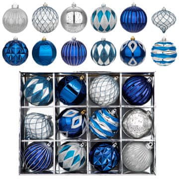 Božični Okraski Set 12 Kosov, Nerazbijalni, 10 cm, Modro Srebrni, Plastični, 3D Dizajn, Za Jelko, Notranja/Zunanja Uporaba, Vključeni Obešalniki
