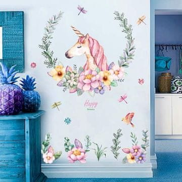 Stenska nalepka Samorog z rožami, akvarelni slog, XXL, dekoracija za otroško sobo, vodoodporna, samolepilna, končne dimenzije 110 x 110 cm, enostavno odstranjevanje